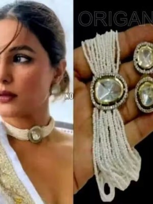 Gleaming Small Pearls Unique AD Choker Necklace Earring Jewellery Set For Women & Girls