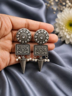 Vintage Silver Oxidized Dangler Ethnic Stone Crafted Boho Earring Jewelry 