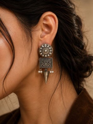 Vintage Silver Oxidized Dangler Ethnic Stone Crafted Boho Earring Jewelry 