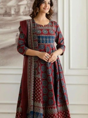 Maroon Ethnic Ajrakh Print Sequence Work Anarkali Cotton Kurti Pant With Dupatta Set For Women 
