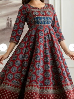 Maroon Ethnic Ajrakh Print Sequence Work Anarkali Cotton Kurti Pant With Dupatta Set For Women 