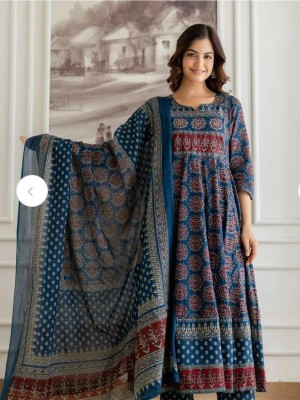Blue Ethnic Ajrakh Print Sequence Work Anarkali Cotton Kurti Pant With Dupatta Set For Women (Set Of 3)