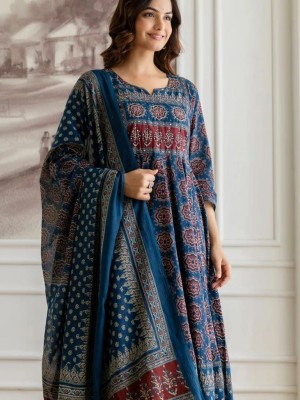 Blue Ethnic Ajrakh Print Sequence Work Anarkali Cotton Kurti Pant With Dupatta Set For Women (Set Of 3)