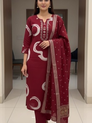 Maroon Straight Fit Printed Cotton Kurti Pant With Dupatta Set For Women (Set Of 3)