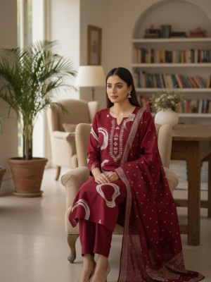 Maroon Straight Fit Printed Cotton Kurti Pant With Dupatta Set For Women (Set Of 3)