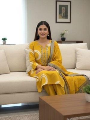Yellow Straight Fit Printed Cotton Kurti Pant With Dupatta Set For Women (Set Of 3)