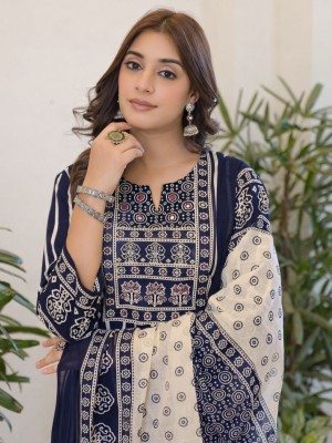 Riya Blue Ethnic Straight Fit Printed Cotton Kurti Pant With Dupatta Set For Women (Set Of 3)