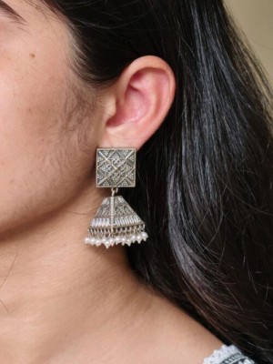 Traditional Silver Oxidized Designer Jhumka Earrings with Pearl Drops