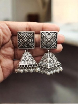 Traditional Silver Oxidized Designer Jhumka Earrings with Pearl Drops