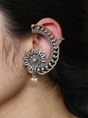 Bohemian Oxidized Silver Flower Earcuff Unique Ethnic Designer Earing Jewelry 
