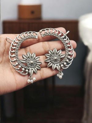Bohemian Oxidized Silver Flower Earcuff Unique Ethnic Designer Earing Jewelry 