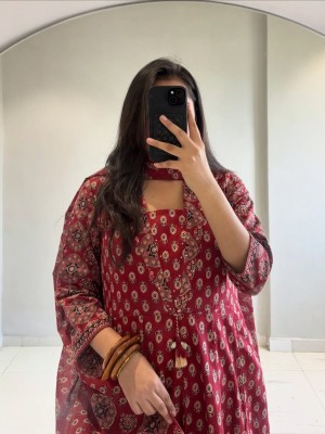 Red Elegant Ajrakh Print Anarkali Cotton Kurti Pant With Dupatta Set For Women (Set Of 3)