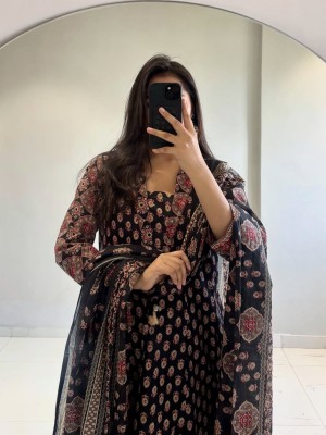 Black Elegant Ajrakh Print Anarkali Cotton Kurti Pant With Dupatta Set For Women (Set Of 3)