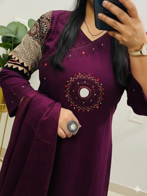 Purple Printed Mirror Work Cotton Kurti Pant With Dupatta Set For Women (Set Of 3)