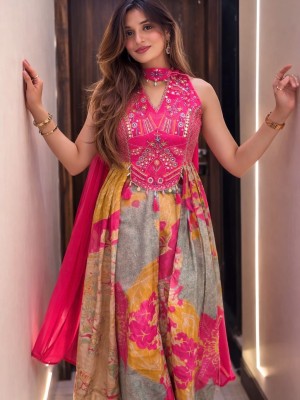 Indo Western Premium Chinon Handwork On Yoke Shrug Style Kurti Palazzo with Dupatta Salwar Suit - Set Of 3
