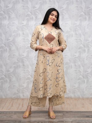 Beige Printed V-Neck Cotton Kurti Palazzo Co Ord Set - Set Of 2