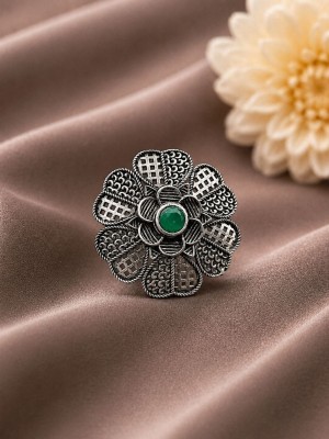 Elegant Flower Designer Ring Silver Oxidized Brass Adjustable Free Size Finger Ring