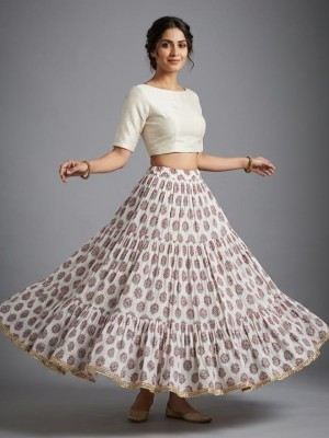 Floral White Free Size Cotton Flared Skirt For Women