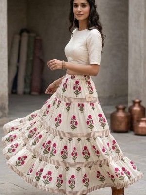 Floral Cream Free Size Cotton Flare Skirt For Women
