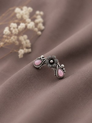 Traditional Oxidized Flower Nose Pin Silver Plated Ethnic Non-Piercing Adjustable Jewelry