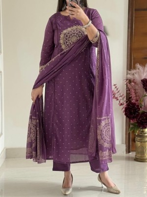 Purple Embroidered Mandala On Yoke A-Line Cotton Kurti Pant With Dupatta Salwar Kameez For Women