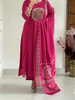 Pink Embroidered Mandala On Yoke A-Line Cotton Kurti Pant With Dupatta Salwar Kameez For Women