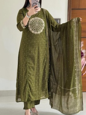 Olive Green Embroidered Mandala On Yoke A-Line Cotton Kurti Pant With Dupatta Salwar Kameez For Women