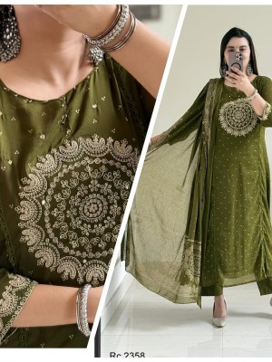 Olive Green Embroidered Mandala On Yoke A-Line Cotton Kurti Pant With Dupatta Salwar Kameez For Women