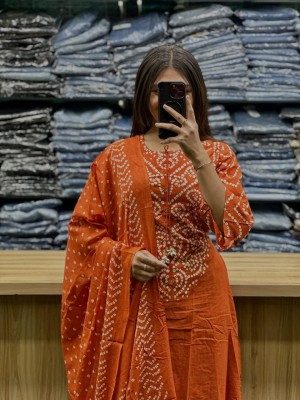 Orange Traditional Bandhni Print Straight Cotton Kurti Pant With Dupatta Salwar Kameez For Women