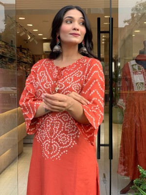 Rust Orange Traditional Bandhani Print Straight Cotton Kurti Pant With Dupatta Salwar Kameez For Women