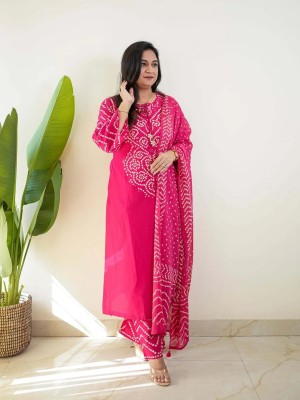 Rani Pink Traditional Bandhani Print Straight Cotton Kurti Pant With Dupatta Salwar Kameez For Women