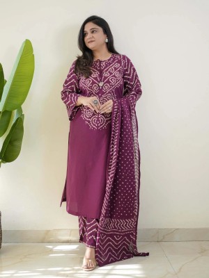 Wine Traditional Bandhani Print Straight Cotton Kurti Pant With Dupatta Salwar Kameez For Women