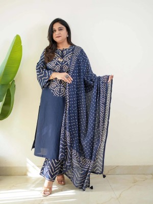Blue Traditional Bandahni Print Straight Cotton Kurti Pant With Dupatta Salwar Kameez For Women