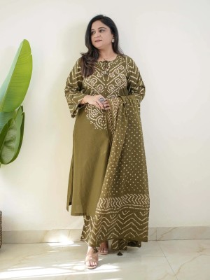 Olive Green Traditional Bandhni Print Straight Cotton Kurti Pant With Dupatta Salwar Kameez For Women