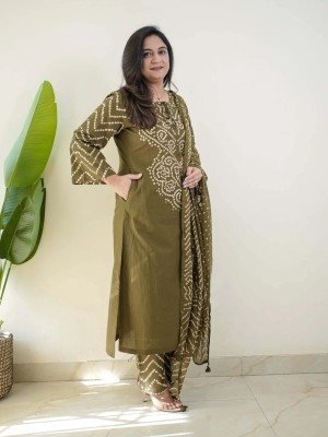 Olive Green Traditional Bandhni Print Straight Cotton Kurti Pant With Dupatta Salwar Kameez For Women