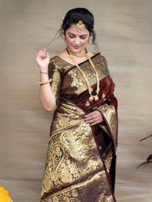 Sangeeta Maroon Ethnic Jacquard Banarasi Silk Zari Woven Saree with Unstitched Blouse Piece