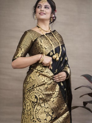 Sangeeta Black Ethnic Jacquard Banarasi Silk Zari Woven Saree with Unstitched Blouse Piece