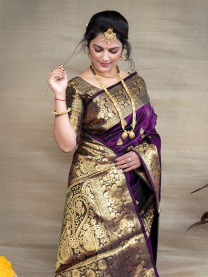 Sangeeta Purple Ethnic Jacquard Banarasi Silk Zari Woven Saree with Unstitched Blouse Piece
