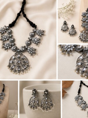 Ethnic German Silver Choker Set Necklace with White Kundan Accents & Pearl Droplets