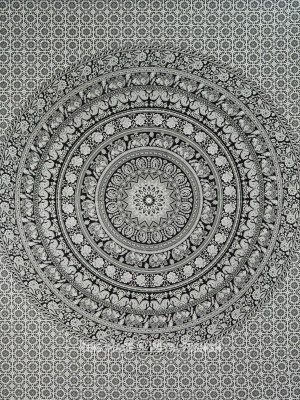 Black & White Elephant Floral Hippie Mandala Tapestry Wall Hanging Bedspread