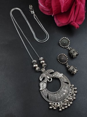 Bohemian Style Oxidized Silver Peacock Necklace Set with Statement Jhumkis