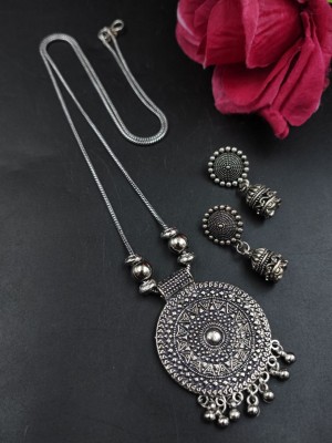 Tribal Designer Round Mandala Pendant Chain & Jhumki Set in Oxidized Silver