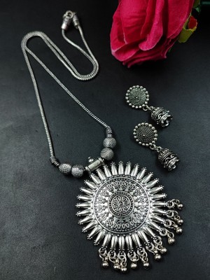 Sun Designer Pendant Necklace Silver Plated Oxidized Chain with Jhumki Set