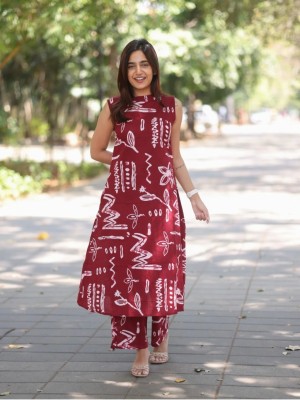Summer Maroon Sleeveless Printed A-Line Cotton Kurti Pant Co Ord Set For Women (Set Of 2) 