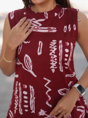 Summer Maroon Sleeveless Printed A-Line Cotton Kurti Pant Co Ord Set For Women (Set Of 2) 