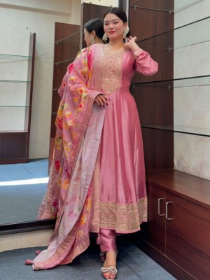 Designer Women Pink Golden Zari Work Anarkali Kurta Pant With Banarasi Dupatta Salwar Suit (Set Of 3)