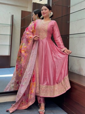 Designer Women Pink Golden Zari Work Anarkali Kurta Pant With Banarasi Dupatta Salwar Suit (Set Of 3)