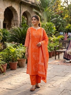 Orange Printed Handwork Cotton Kurti Pant With Dupatta Set For Women (Set Of 3)