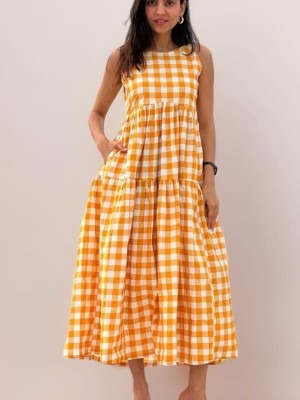 Yellow Handmade Gingham Cotton Midi Dress Sleeveless Summer Sundress Flare Cotton Checkered Kurti Gown