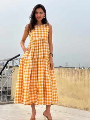 Yellow Handmade Gingham Cotton Midi Dress Sleeveless Summer Sundress Flare Cotton Checkered Kurti Gown